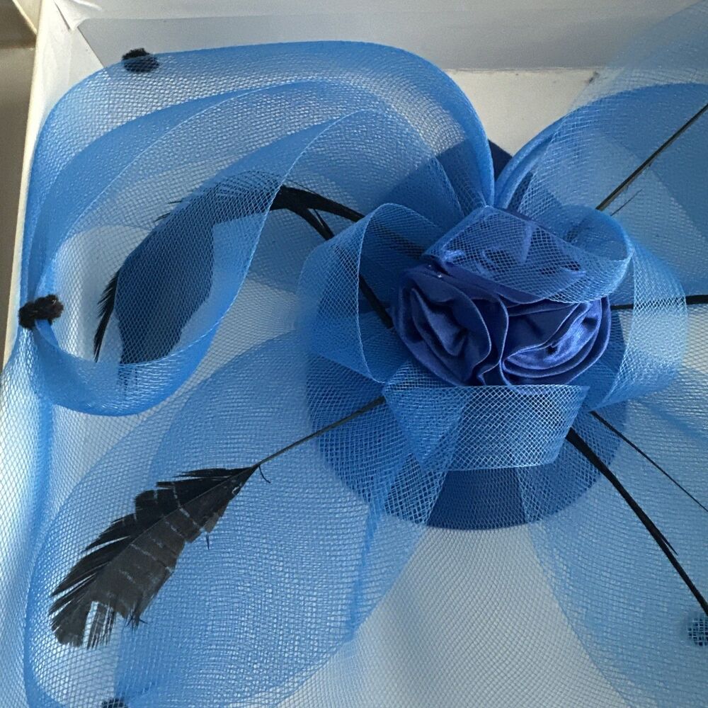 Blue Fascinator Black Feathers Mesh Netting Wedding Races - Picture 3 of 10